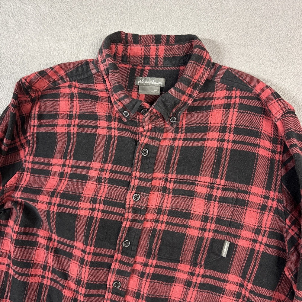 Eddie Bauer Shirt Mens Large Black Red Bufalo Plaid Flannel Long Sleeve Button